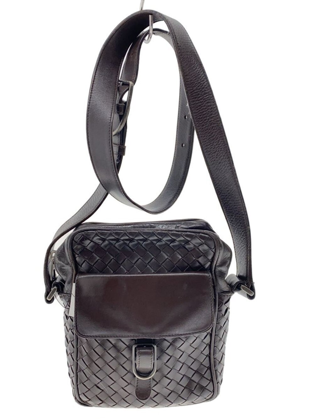 Bottega Veneta Intrecciato Flap Pocket Messenger Bag brown woven leather